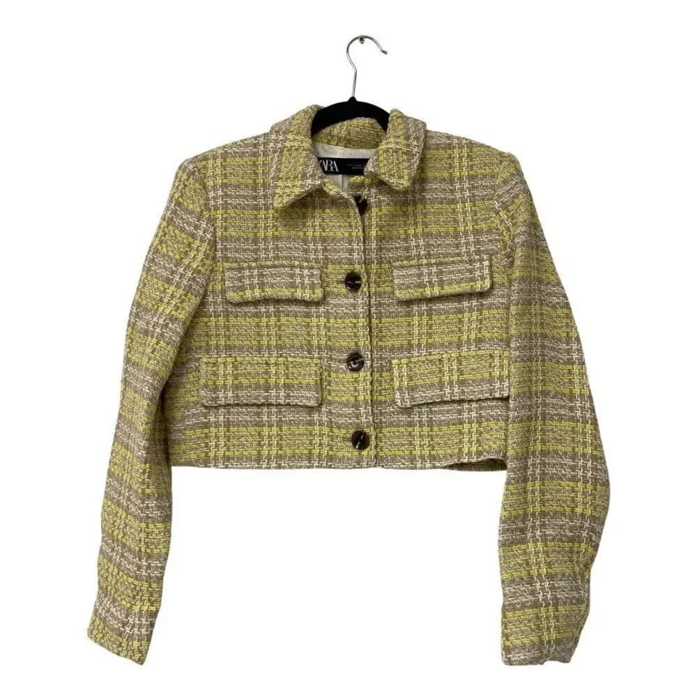 Zara Womens Cropped Blazer Small S Yellow Tan Textured Tweed 2450/100 NWT